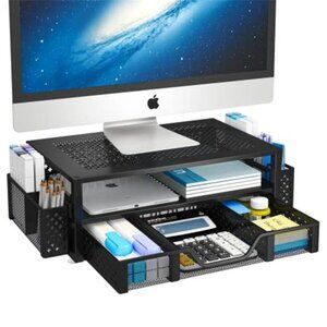 2 Tier Desk Organizer Monitor Stand Riser with Drawer Pen Holder Laptop iMac